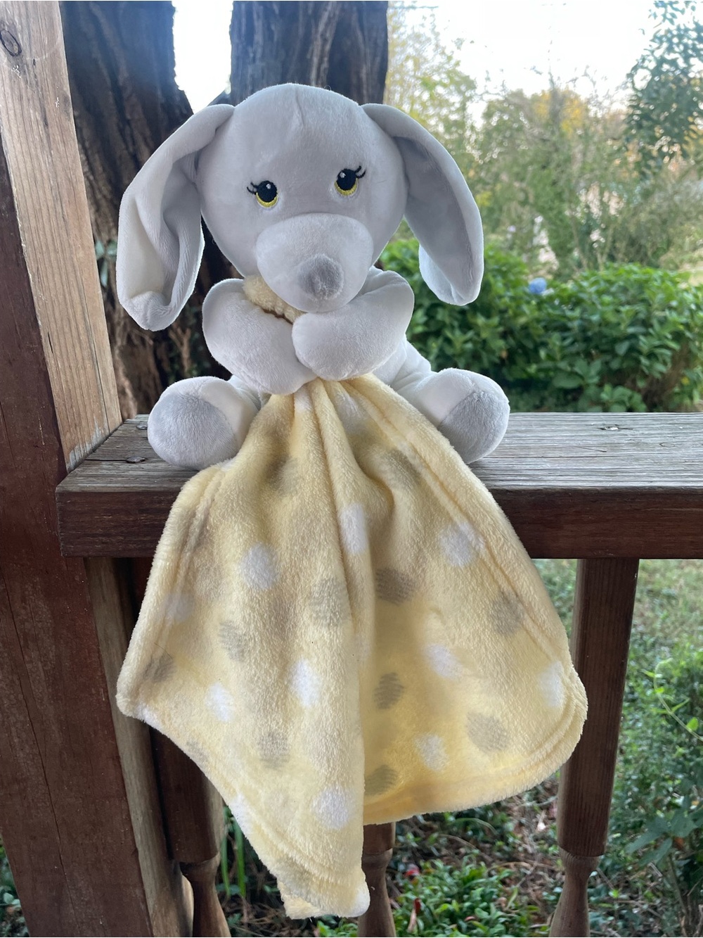Little beginnings puppy dog plush with attached blanket. White, grey and yellow.